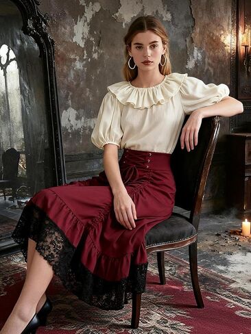 تنورة نسائية قوطي Steampunk من الدانتيل الأسود المزين بالزهور على شكل حرف A تنورة ميدي حمراء بأربطة مكشكشة عالية ومنخفضة غير متكافئة تنانير القراصنة in Kuwait