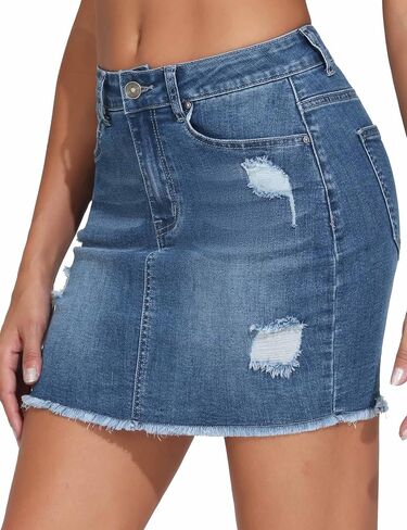 THE GYM PEOPLE Women's Ripped Denim Mini Skirts Stretchy Frayed Raw Hem Casual Trendy Jean Skirt with Pockets in Saudi Arabia