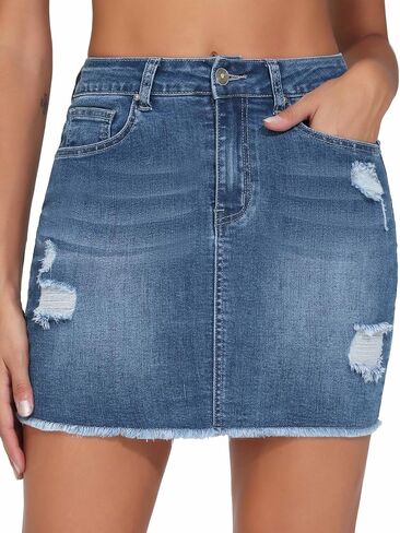 THE GYM PEOPLE Women's Ripped Denim Mini Skirts Stretchy Frayed Raw Hem Casual Trendy Jean Skirt with Pockets in Saudi Arabia