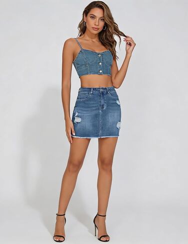 THE GYM PEOPLE Women's Ripped Denim Mini Skirts Stretchy Frayed Raw Hem Casual Trendy Jean Skirt with Pockets in Saudi Arabia