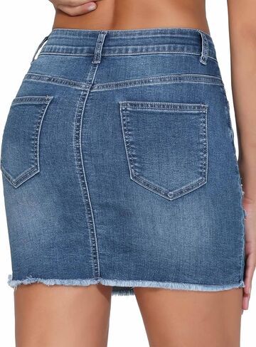 THE GYM PEOPLE Women's Ripped Denim Mini Skirts Stretchy Frayed Raw Hem Casual Trendy Jean Skirt with Pockets in Saudi Arabia