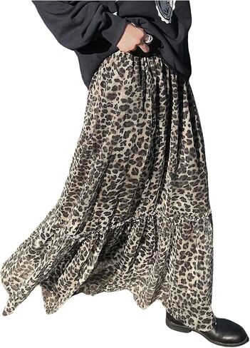 SweatyRocks Women's Leopard Print Sheer Mesh Maxi Skirt Casual Elastic Waist Ruffled A Line Long Skirts in Saudi Arabia