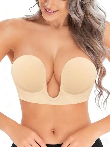 U-Shaped Invisible Bra Women's Sticky Push Up Backless Strapless Deep Plunge Invisible Padded Self Adhesive Bras in Saudi Arabia