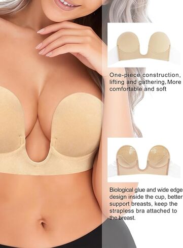 U-Shaped Invisible Bra Women's Sticky Push Up Backless Strapless Deep Plunge Invisible Padded Self Adhesive Bras in Saudi Arabia