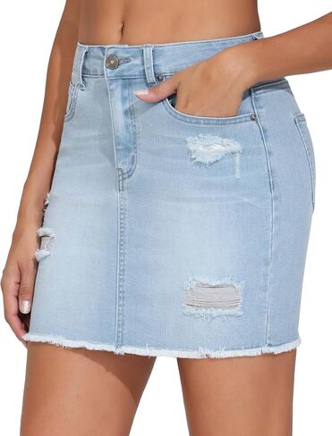 THE GYM PEOPLE Women's Ripped Denim Mini Skirts Stretchy Frayed Raw Hem Casual Trendy Jean Skirt with Pockets in Saudi Arabia