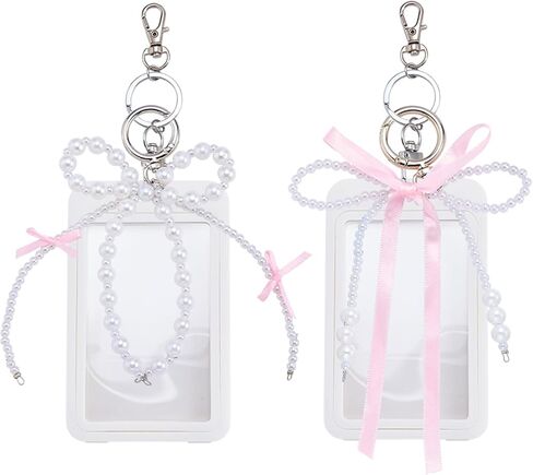 مجموعتان من حامل بطاقات الصور الفوتوغرافية مع حامل شارات لطيف بفيونكة لؤلؤية لبطاقات مقاس 3.35 بوصة × 2.07 بوصة مزخرفة واقية من الأكريليك الصلب الشفاف لبطاقات الصور الفوتوغرافية وبطاقة الهوية البنكية وحقيبة بطاقات سحرية in Kuwait