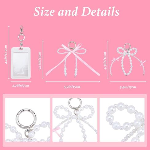 مجموعتان من حامل بطاقات الصور الفوتوغرافية مع حامل شارات لطيف بفيونكة لؤلؤية لبطاقات مقاس 3.35 بوصة × 2.07 بوصة مزخرفة واقية من الأكريليك الصلب الشفاف لبطاقات الصور الفوتوغرافية وبطاقة الهوية البنكية وحقيبة بطاقات سحرية in Kuwait