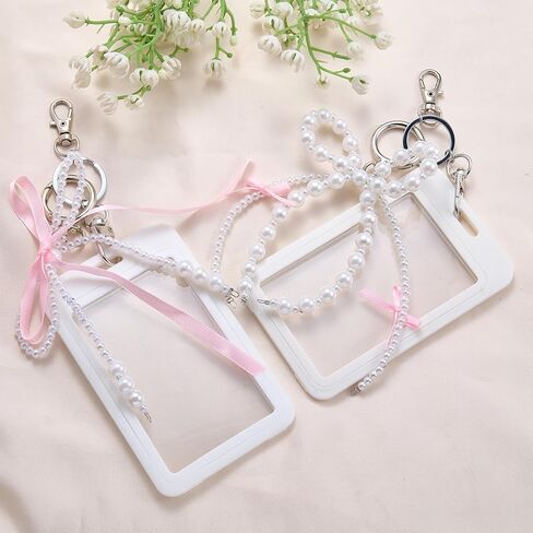 مجموعتان من حامل بطاقات الصور الفوتوغرافية مع حامل شارات لطيف بفيونكة لؤلؤية لبطاقات مقاس 3.35 بوصة × 2.07 بوصة مزخرفة واقية من الأكريليك الصلب الشفاف لبطاقات الصور الفوتوغرافية وبطاقة الهوية البنكية وحقيبة بطاقات سحرية in Kuwait