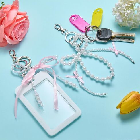 مجموعتان من حامل بطاقات الصور الفوتوغرافية مع حامل شارات لطيف بفيونكة لؤلؤية لبطاقات مقاس 3.35 بوصة × 2.07 بوصة مزخرفة واقية من الأكريليك الصلب الشفاف لبطاقات الصور الفوتوغرافية وبطاقة الهوية البنكية وحقيبة بطاقات سحرية in Kuwait