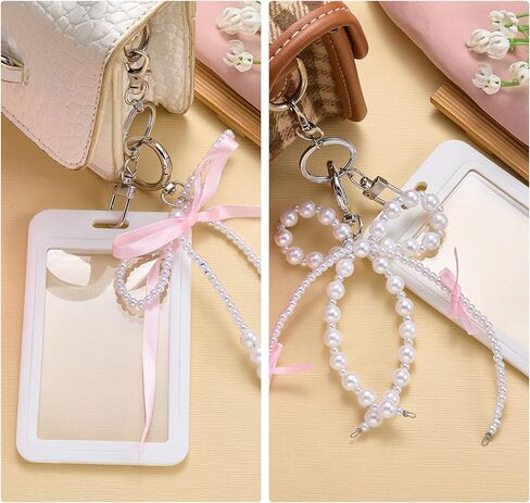 مجموعتان من حامل بطاقات الصور الفوتوغرافية مع حامل شارات لطيف بفيونكة لؤلؤية لبطاقات مقاس 3.35 بوصة × 2.07 بوصة مزخرفة واقية من الأكريليك الصلب الشفاف لبطاقات الصور الفوتوغرافية وبطاقة الهوية البنكية وحقيبة بطاقات سحرية in Kuwait