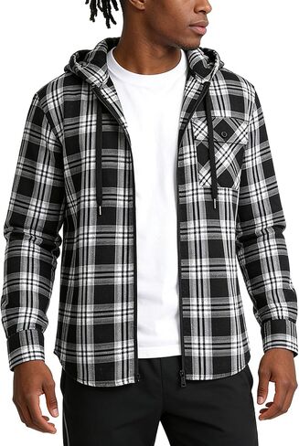ZITY Men's Cotton Linen Zip up Hoodies Long Sleeve Casual Tops Plaid Flannel Shirt with Hood in Saudi Arabia