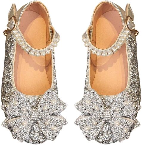 GORGLITTER Girl's Rhinestone Pearls Dress Shoes Bow Round Toe Princess Flats Wedding Party Ballet Sandals in Saudi Arabia