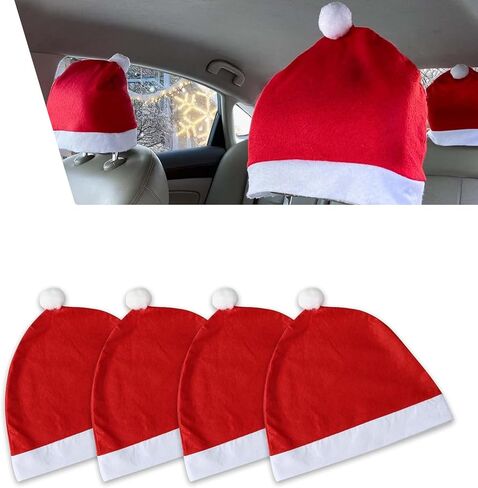 4 PCS Santa Claus Hat Car Headrest Covers, 13.39" x 13.39" Creative Santa Head Rest Cover, Soft Scratch-Proof Headrest Protector, Universal Christmas Car Decoration Accessories (Red) in Saudi Arabia