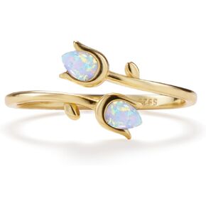 PERIMADE 18K Gold Plated Opal Tulip Ring for Women, Hypoallergenic Small Flower Stacking Open Band Bypass Ring, 925 Sterling Silver Jewelry Trendy Birthday Friendship Gift Mom Daughter Best Friend in Kuwait