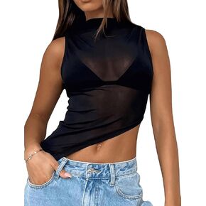 قميص نسائي بقماش شفاف بدون أكمام ورقبة وهمية بدون أكمام غير متماثل شفاف من خلال الدانتيل قميص صيف 2026 in Kuwait