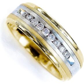 Mens Tungsten Wedding Ring Brushed Silver Inlay & 9 Channel Set Diamonds, Tension Set Ring - 8mm Gold Diamond Tungsten Wedding Band With Raised Center & Brushed Gold Inlay in Saudi Arabia