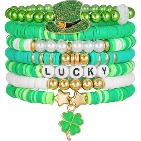 7 Pcs St Patricks Day Bracelets for Men Women Stackable Lucky Leaf Shamrock Hat Charm Bracelet, Gift for Mother, Sister, Friend in Kuwait