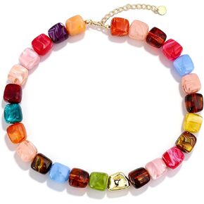 قلادة مطرزة مربعة ملونة للنساء - مجوهرات صيفية بوهو للشاطئ، قلادة مكتنزة من الراتنج خفيفة الوزن in Kuwait