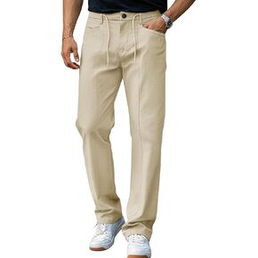 Runcati Mens Casual Pants Elastic Waist Drawstring Slacks Straight Leg Lightweight Trousers in Kuwait