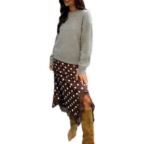 Women Lace Satin Maxi Skirt Silk Lace Trim Asymmetric Flowy A Line Skirts Side Slit Y2k Going Out Streetwear in Kuwait