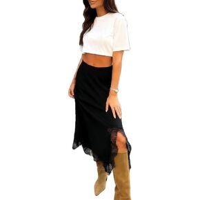 Women Lace Satin Maxi Skirt Silk Lace Trim Asymmetric Flowy A Line Skirts Side Slit Y2k Going Out Streetwear in Saudi Arabia