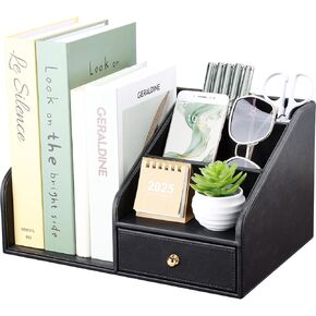 منظم مكتب من جلد البولي يوريثان من GORESE، منظم ملفات مع درج و4 مقصورات، منظمة سطح المكتب مع حامل ملفات المجلات للوازم المكتبية، هدية أنيقة للرجال الذين لديهم كل شيء، أسود in Kuwait
