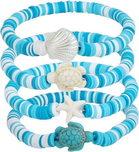 4pcs Sea Shell Turtle Beads Bracelet for Women Men Handmade Surfer Heishi Seashell Starfish Cowrie Ocean Animal Stretch Stackable Charm Bracelets for Boho Summer Hawaiian Beach Vacation Jewelry in Saudi Arabia