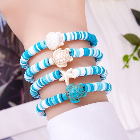 4pcs Sea Shell Turtle Beads Bracelet for Women Men Handmade Surfer Heishi Seashell Starfish Cowrie Ocean Animal Stretch Stackable Charm Bracelets for Boho Summer Hawaiian Beach Vacation Jewelry in Saudi Arabia