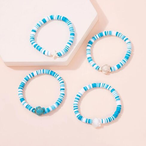 4pcs Sea Shell Turtle Beads Bracelet for Women Men Handmade Surfer Heishi Seashell Starfish Cowrie Ocean Animal Stretch Stackable Charm Bracelets for Boho Summer Hawaiian Beach Vacation Jewelry in Saudi Arabia