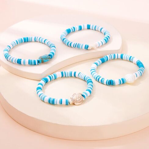 4pcs Sea Shell Turtle Beads Bracelet for Women Men Handmade Surfer Heishi Seashell Starfish Cowrie Ocean Animal Stretch Stackable Charm Bracelets for Boho Summer Hawaiian Beach Vacation Jewelry in Saudi Arabia