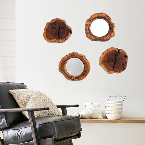WELLAND Four Pack Rustic Mirror Wall Décor Handmade Solid Wood Decorative Mirrors, 10" x 12" Modern Hanging Wall Art for Bedroom, Bathroom, Living Room, Entryway, Dressing Room in Saudi Arabia