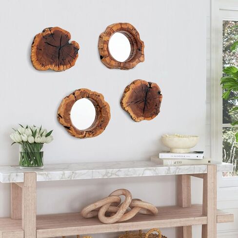 WELLAND Four Pack Rustic Mirror Wall Décor Handmade Solid Wood Decorative Mirrors, 10" x 12" Modern Hanging Wall Art for Bedroom, Bathroom, Living Room, Entryway, Dressing Room in Saudi Arabia