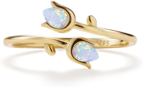 PERIMADE 18K Gold Plated Opal Tulip Ring for Women, Hypoallergenic Small Flower Stacking Open Band Bypass Ring, 925 Sterling Silver Jewelry Trendy Birthday Friendship Gift Mom Daughter Best Friend in Kuwait