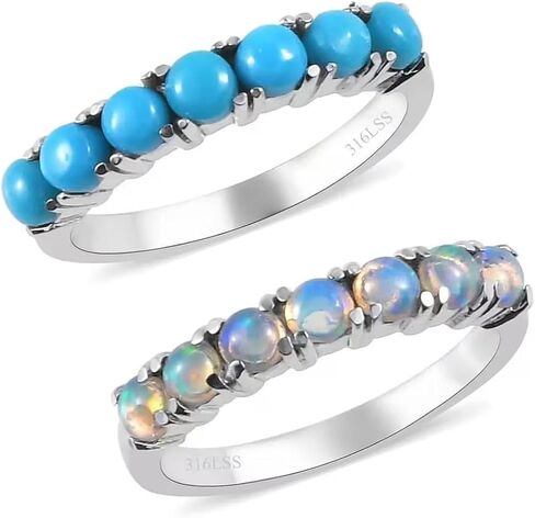 Stackable Turquoise Ring & Opal Ring Set of 2 Stackable Rings for Women Set - Boho Western Band Promise Stainless Steel Turquoise Jewelry for Women - Christmas Gifts for Her- 1.30 ctw in Saudi Arabia