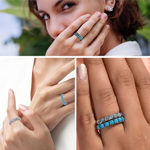 Stackable Turquoise Ring & Opal Ring Set of 2 Stackable Rings for Women Set - Boho Western Band Promise Stainless Steel Turquoise Jewelry for Women - Christmas Gifts for Her- 1.30 ctw in Saudi Arabia