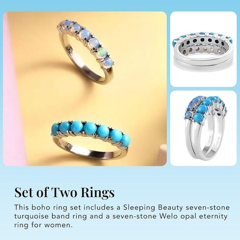 Stackable Turquoise Ring & Opal Ring Set of 2 Stackable Rings for Women Set - Boho Western Band Promise Stainless Steel Turquoise Jewelry for Women - Christmas Gifts for Her- 1.30 ctw in Saudi Arabia