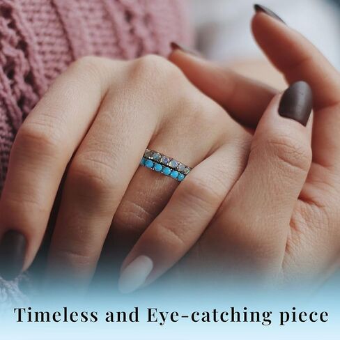 Stackable Turquoise Ring & Opal Ring Set of 2 Stackable Rings for Women Set - Boho Western Band Promise Stainless Steel Turquoise Jewelry for Women - Christmas Gifts for Her- 1.30 ctw in Saudi Arabia