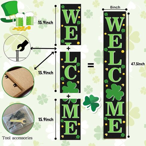 St. Patrick's Wooden Welcome Sign Vertical Porch Sign - Shamrock Lucky Coin Wooden Wall Art Sign for St. Patrick's Day Standing Hanging Home Front Door Wall Yard PartyIndoor Outdoor Decoration,-47.2"H in Saudi Arabia