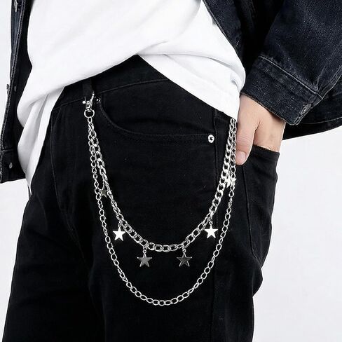 Hip Hop Pants Chain Goth Jean Chains Silver Star Punk Jean Chain Rock Stars Pocket Waist Chain Layered Star Belt Chain Pocket Goth Wallet Chains Waist Body Accessories for Women and Men in Saudi Arabia