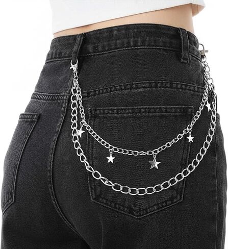 Hip Hop Pants Chain Goth Jean Chains Silver Star Punk Jean Chain Rock Stars Pocket Waist Chain Layered Star Belt Chain Pocket Goth Wallet Chains Waist Body Accessories for Women and Men in Saudi Arabia