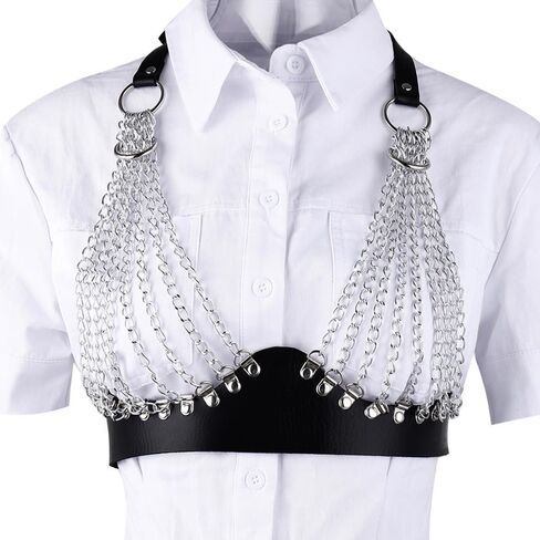 Punk Leather Chest Chain Black Layered Bra Caged Harness Multilayer Body Chains Nightclub Choker Bra Chains Body Jewelry Accessories for Women in Saudi Arabia