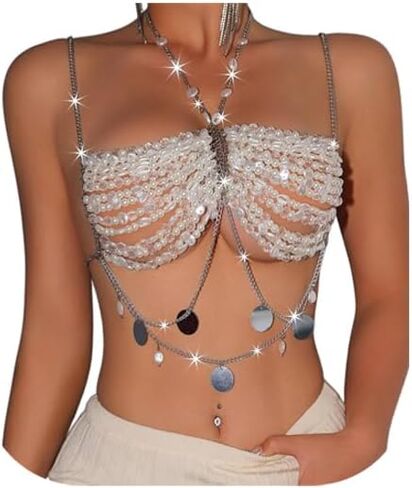 Summer Beach Pearl Beaded Bra Body Chain Jewelry Multilayered Beaded Harness Chest Bra Bikini Round Sequin Tassel Body Jewelry for Women in Saudi Arabia