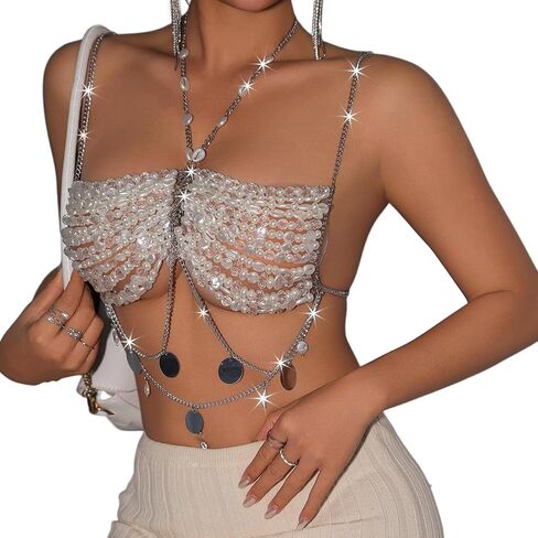 Summer Beach Pearl Beaded Bra Body Chain Jewelry Multilayered Beaded Harness Chest Bra Bikini Round Sequin Tassel Body Jewelry for Women in Saudi Arabia