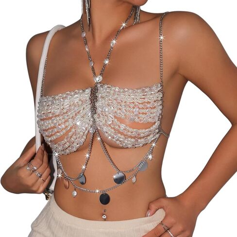 Summer Beach Pearl Beaded Bra Body Chain Jewelry Multilayered Beaded Harness Chest Bra Bikini Round Sequin Tassel Body Jewelry for Women in Saudi Arabia