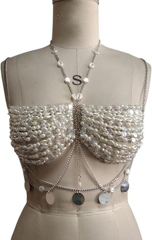 Summer Beach Pearl Beaded Bra Body Chain Jewelry Multilayered Beaded Harness Chest Bra Bikini Round Sequin Tassel Body Jewelry for Women in Saudi Arabia