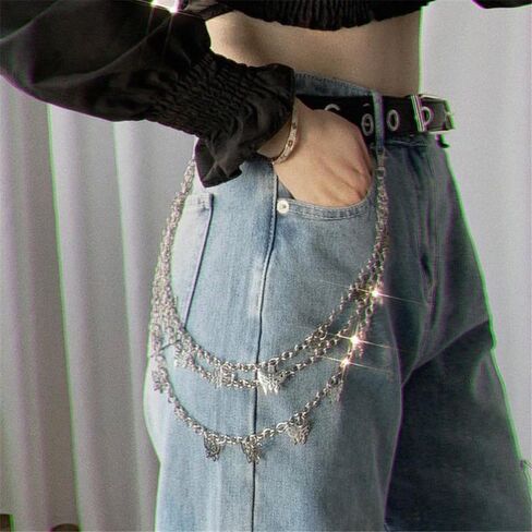 Silver Plated Waist Chain for Women,3 Tier Trousers Pocket Belt Jeans Chains with Lobster Clasp for Jeans - Punk Waist Chain for Pants in Saudi Arabia