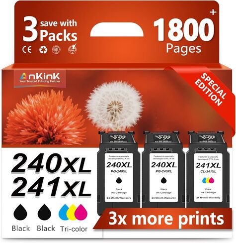 240 241 خرطوشة حبر بديلة لحبر Canon 240XL 241XL PG-240 CL-241 XL مجموعة خراطيش (2 أسود، 1 ثلاثي الألوان) للطابعة MG3600 MG3620 TS5120 TS5100 MG3220 MG3520 MG2120 MX452 MX512 MX532 in Saudi Arabia