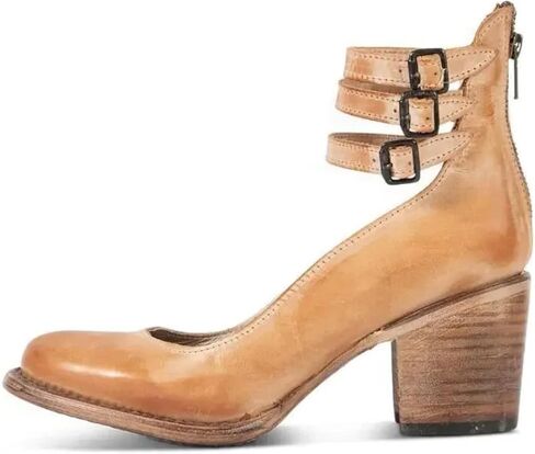 Mary Jane Shoes Womens Leather Ankle Strap High Heel Pumps Vintage Style Block Heel with Adjustable Buckles Round Toe Back Zipper Pumps for Women in Saudi Arabia