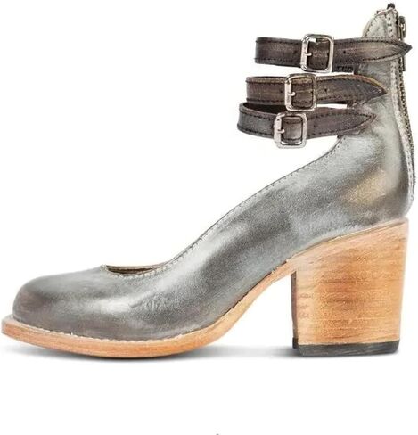 Mary Jane Shoes Womens Leather Ankle Strap High Heel Pumps Vintage Style Block Heel with Adjustable Buckles Round Toe Back Zipper Pumps for Women in Saudi Arabia