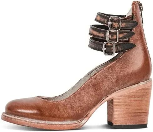 Mary Jane Shoes Womens Leather Ankle Strap High Heel Pumps Vintage Style Block Heel with Adjustable Buckles Round Toe Back Zipper Pumps for Women in Saudi Arabia